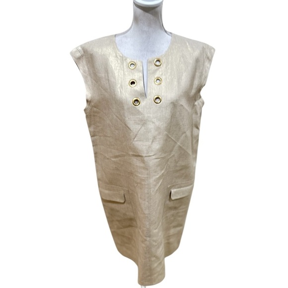 J crew metallic gold linen Dress grommet detail split neck front pockets size 16 - Picture 3 of 10